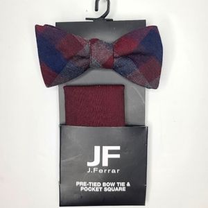 J. Ferrar Mens Red And Blue Plaid Bow Tie, with Pocket Square. New With Tags.